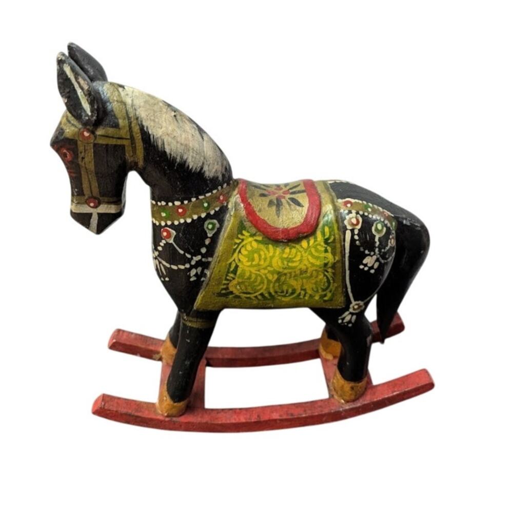 Antique Primitive Folk Art Painted Wood Rocking Horse Wanderer Romani 12” Wide